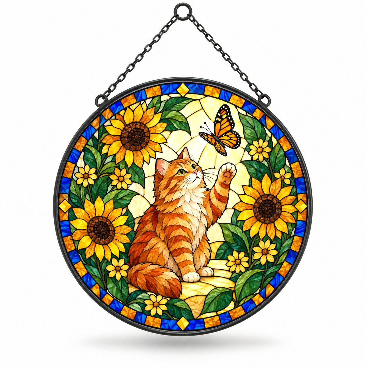 Curious Tabby Cat Suncatcher, Sunflower Garden Glass Hanging Ornament