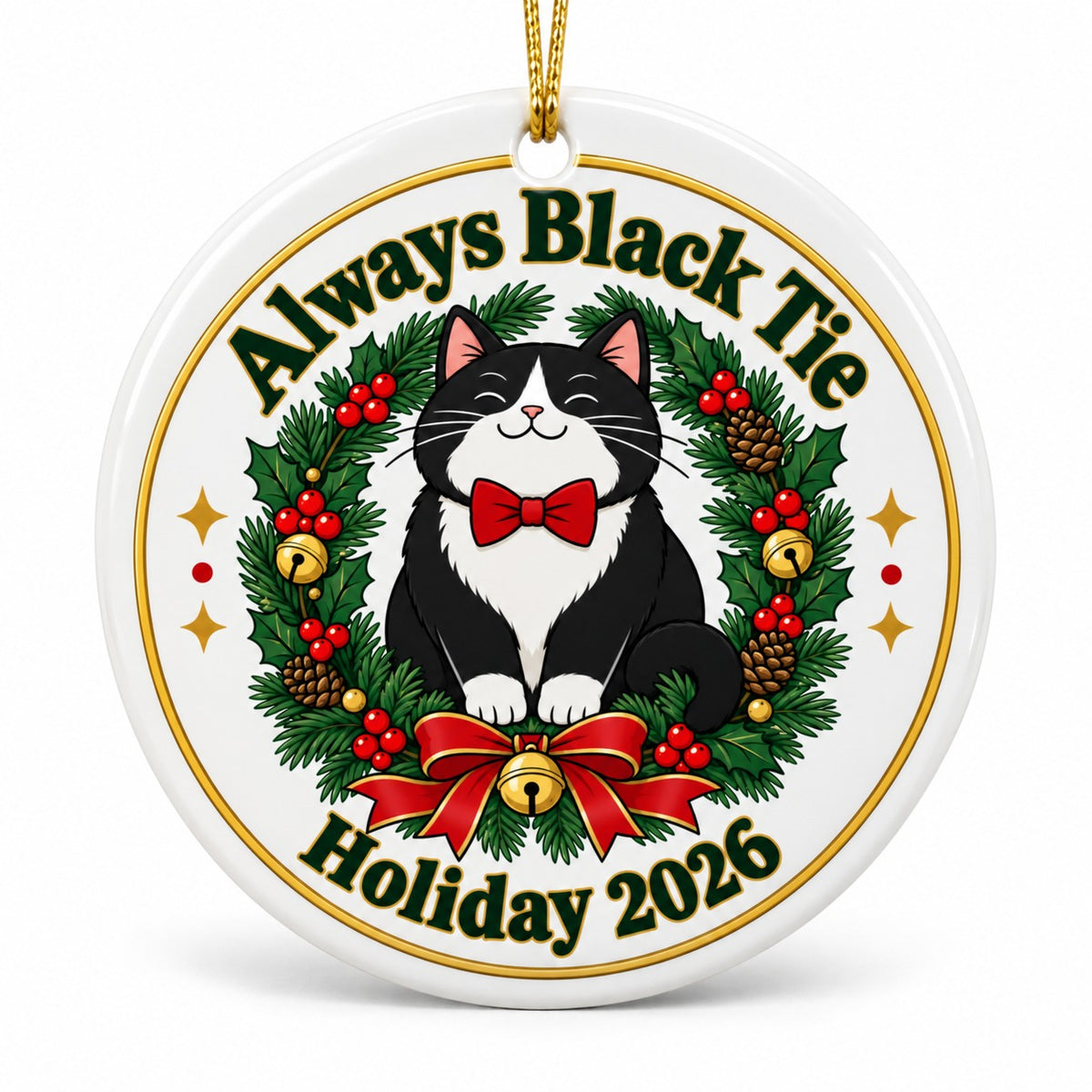 Black Tie Tuxedo Cat Wreath Ceramic Christmas Tree Ornament
