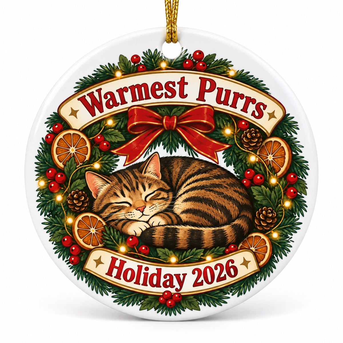 Cozy Cat Wreath Christmas Ornament, Tabby Holiday 2026 Keepsake