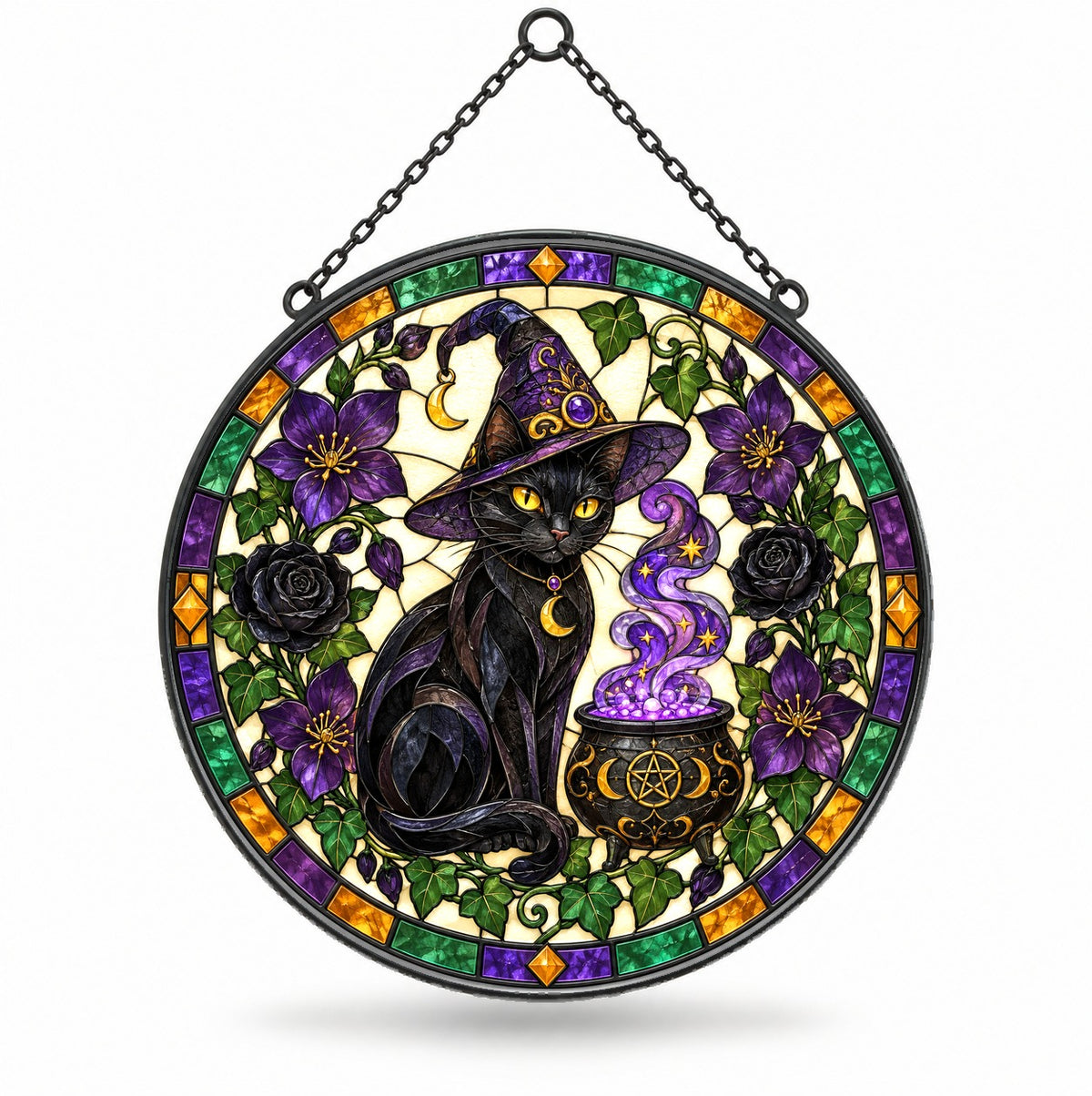 Black Cat Stained Glass Suncatcher Window Hanging Ornament