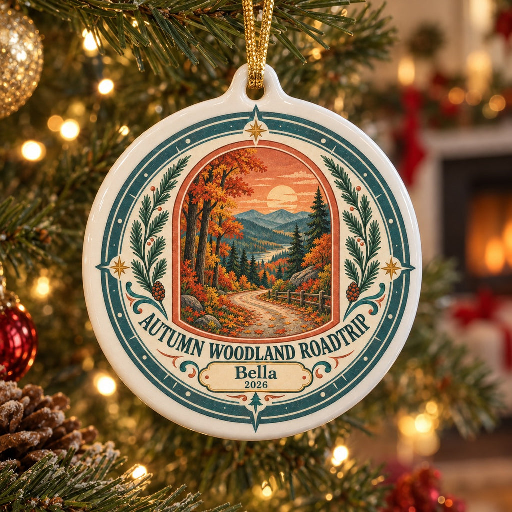 Autumn Woodland Roadtrip Ceramic Ornament, Bella 2026 Travel Keepsake