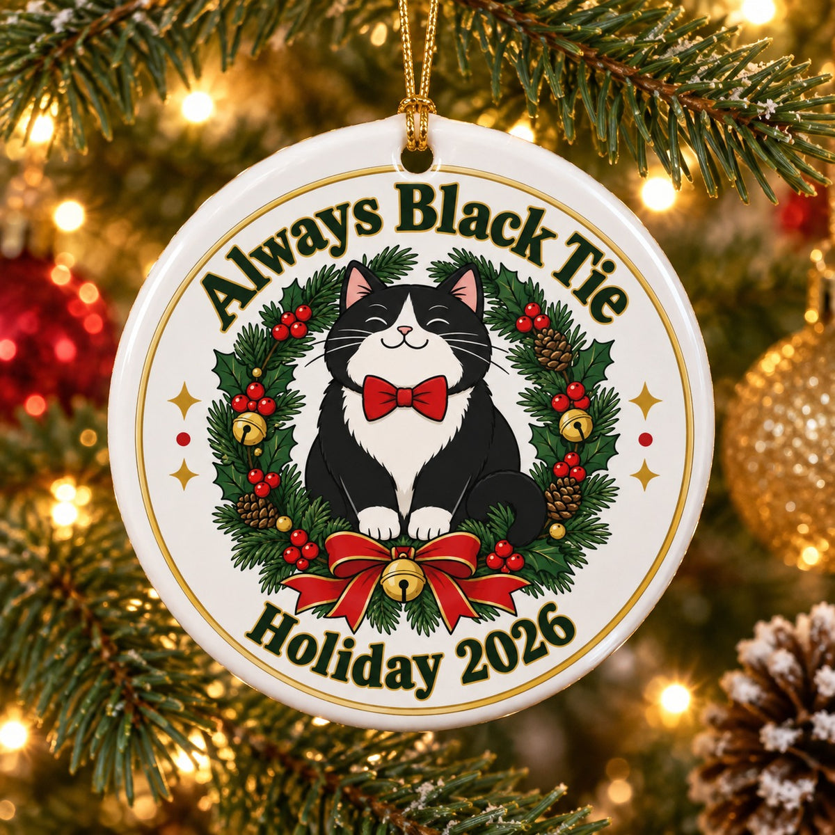 Black Tie Tuxedo Cat Wreath Ceramic Christmas Tree Ornament