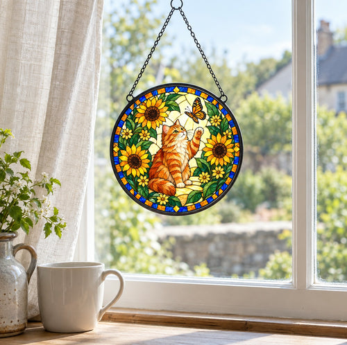 Curious Tabby Cat Suncatcher, Sunflower Garden Glass Hanging Ornament