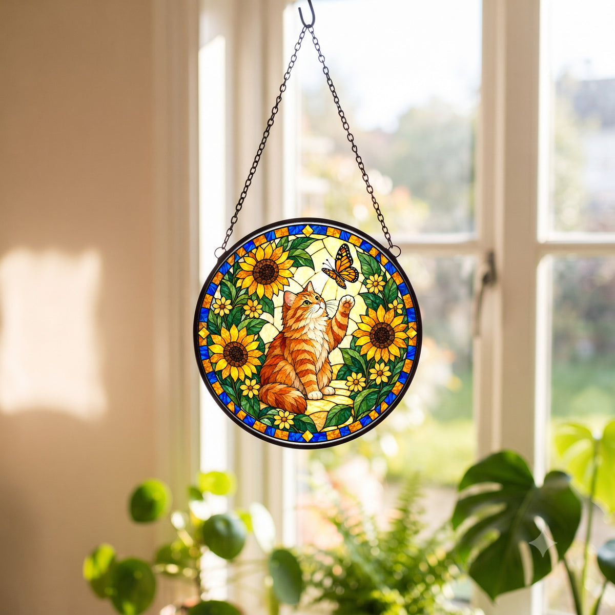 Curious Tabby Cat Suncatcher, Sunflower Garden Glass Hanging Ornament