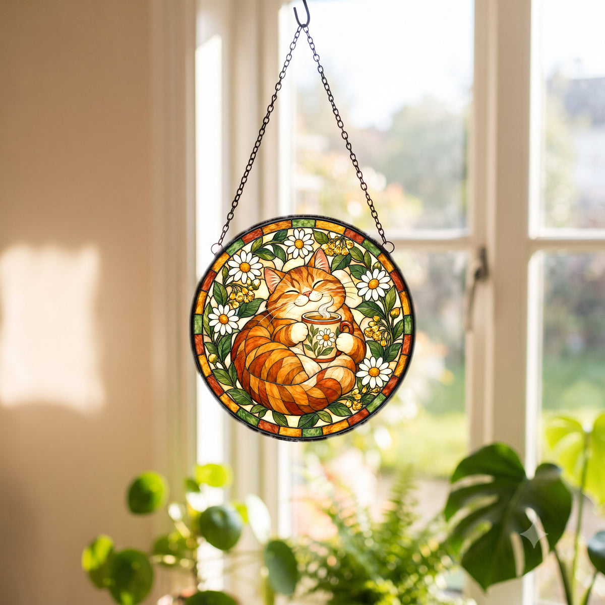 Cozy Cat Morning Brew Suncatcher, Hanging Glass Window Ornament