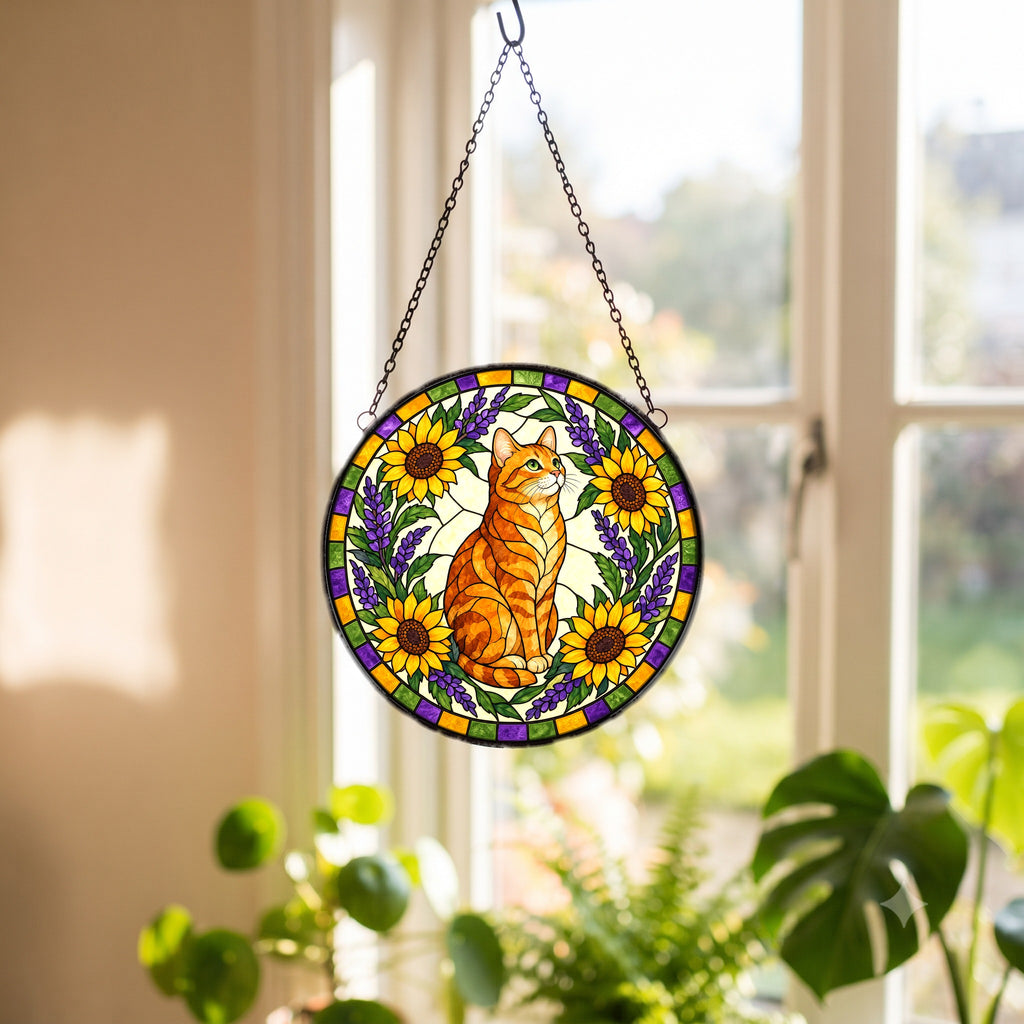 Sunlit Garden Tabby Suncatcher, Glass Cat Window Hanging Ornament