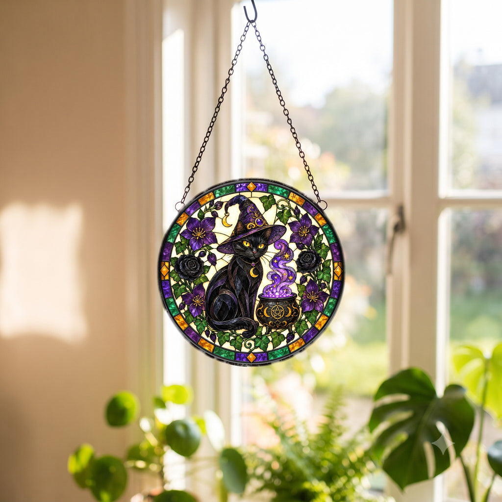 Black Cat Stained Glass Suncatcher Window Hanging Ornament