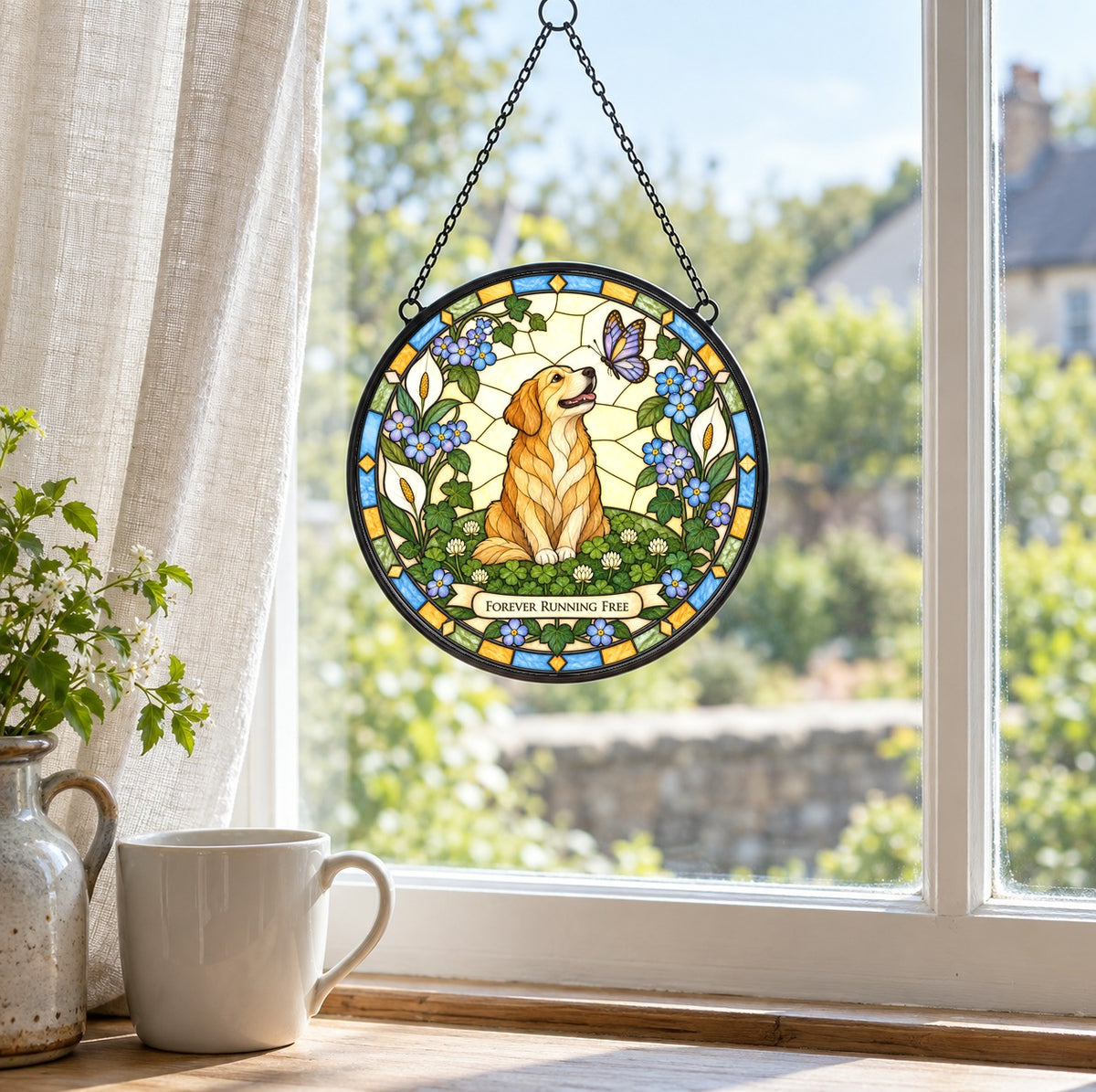 Peaceful Meadow Dog Memorial Suncatcher Glass Window Ornament