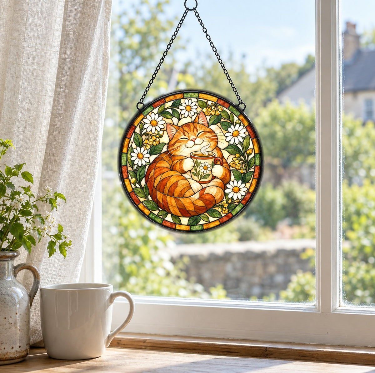 Cozy Cat Morning Brew Suncatcher, Hanging Glass Window Ornament