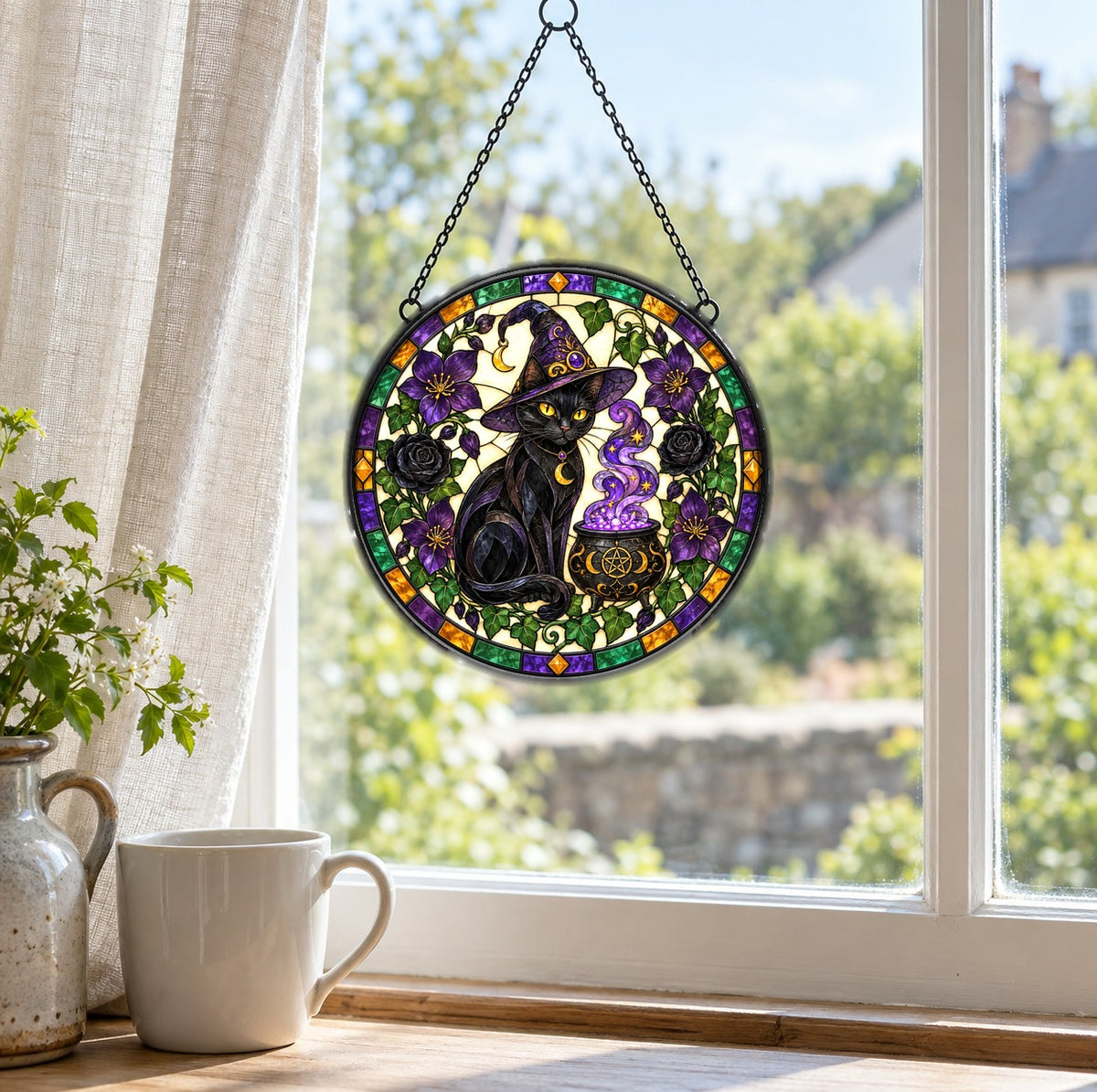 Black Cat Stained Glass Suncatcher Window Hanging Ornament