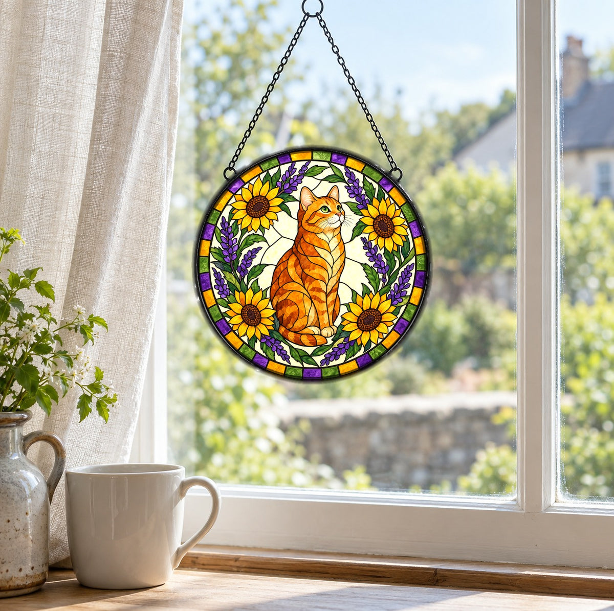 Sunlit Garden Tabby Suncatcher, Glass Cat Window Hanging Ornament