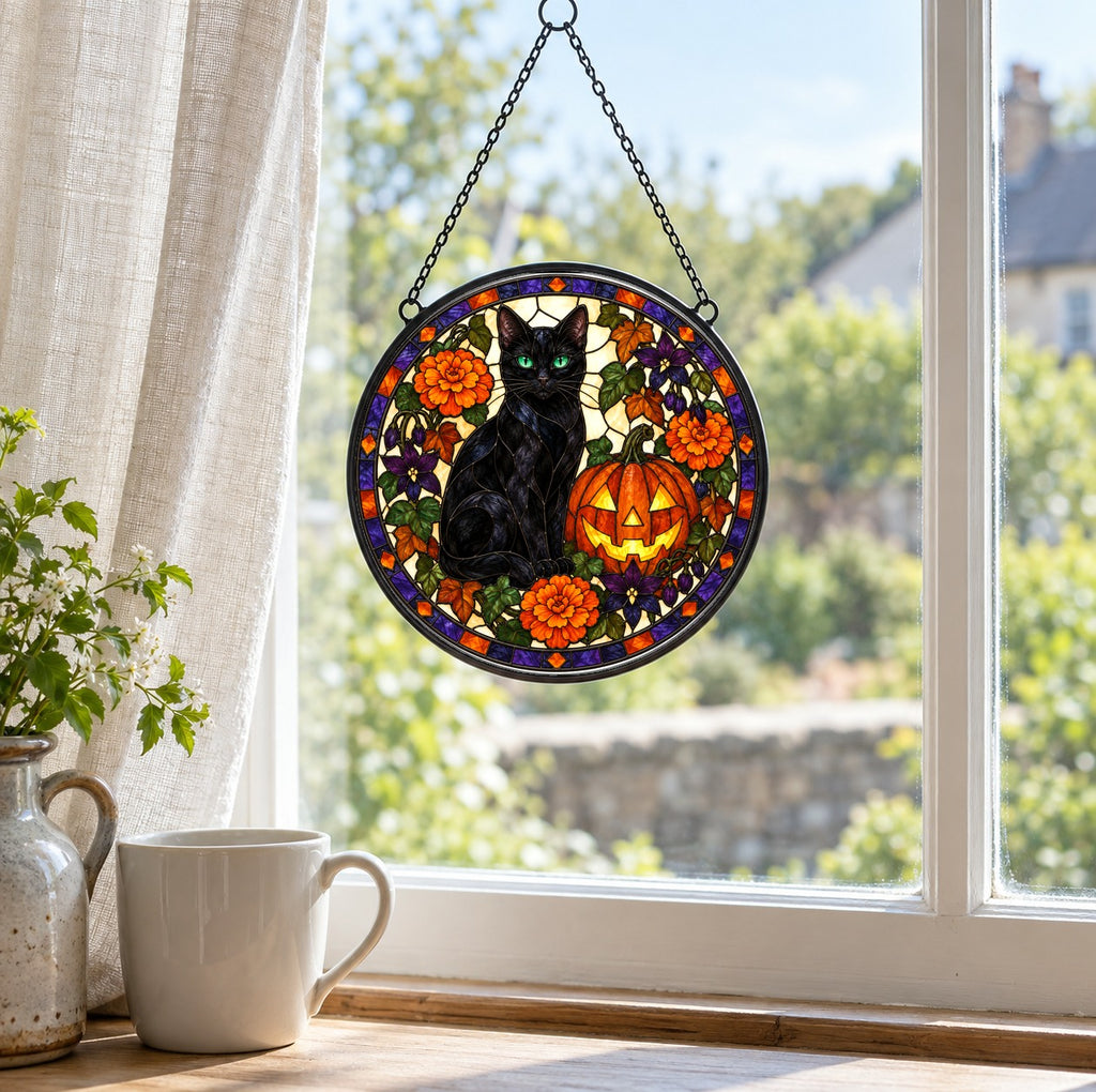 Halloween Black Cat and Pumpkin Stained Glass Suncatcher Window