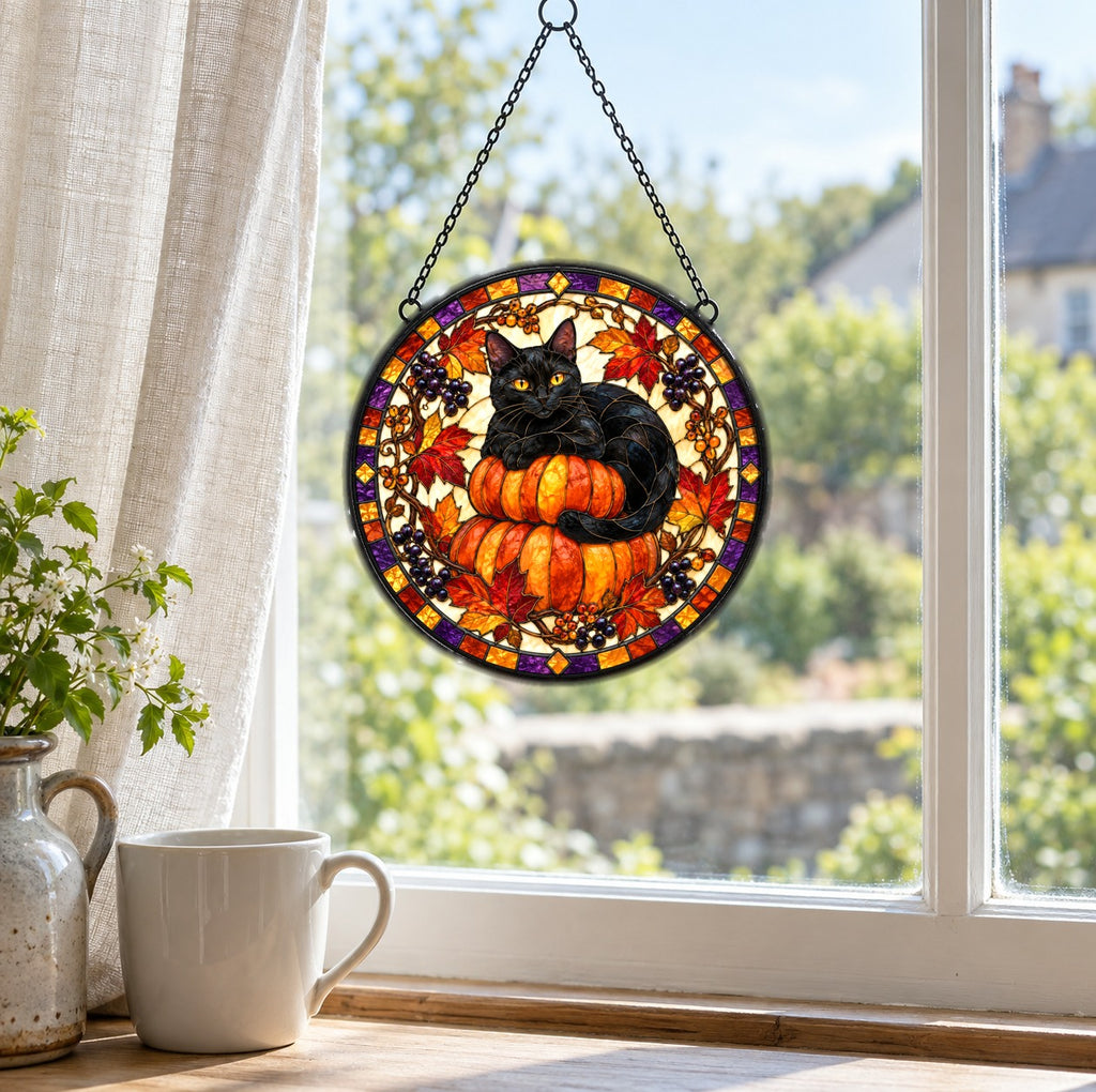Midnight Cat and Pumpkin Suncatcher Ornament for Autumn Decor